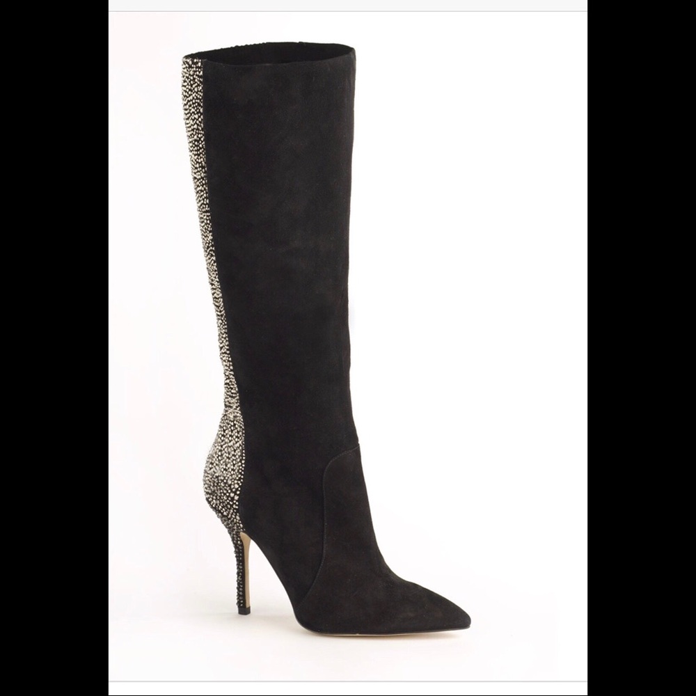 Black Suede Rhinestone Embellished Knee High Boots